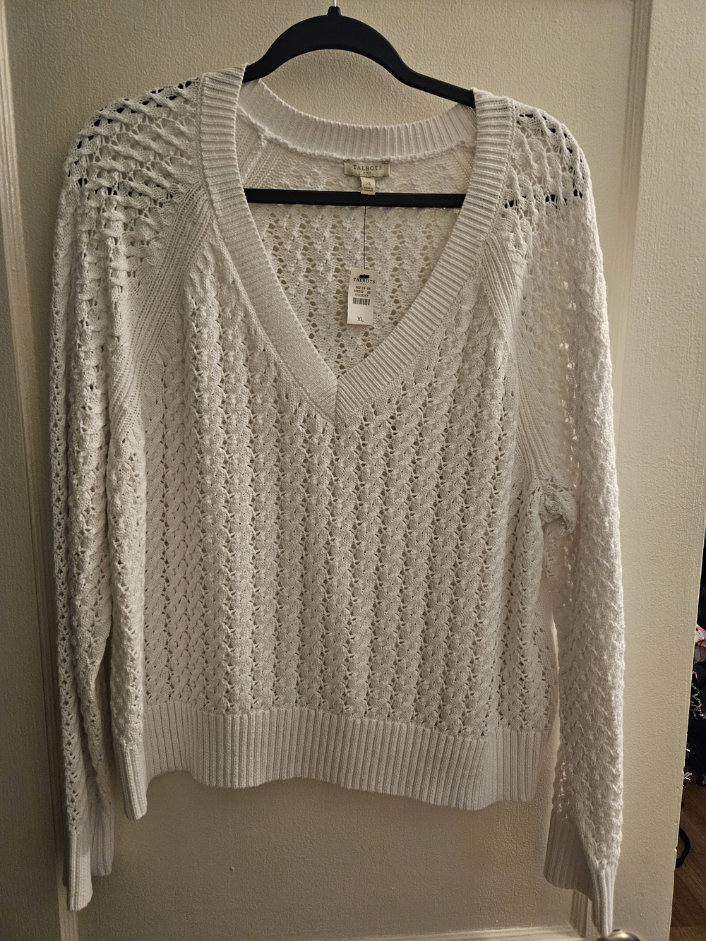 Talbots White Open-Knit V-Neck Sweater SIZE XL